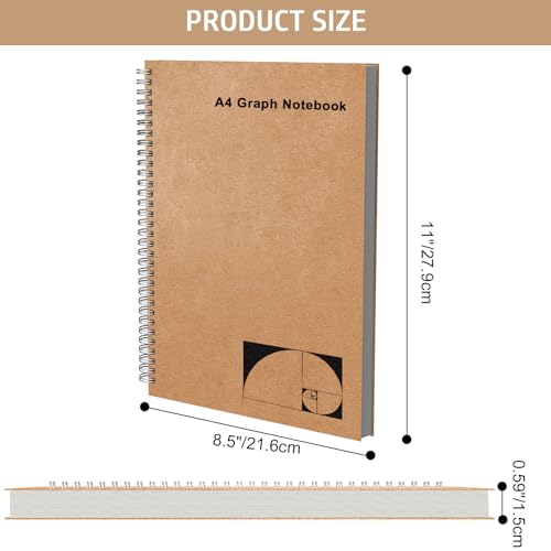 A4 Graph Paper Notebook, 2 Pack Large Spiral Grid Notebook, 200 Pages 100gsm Thick 5mm Square Paper Quad Notebook for Engineering, Math, Taking Notes, Drawing - Kraft Brown Cover, 8.5" x 11" - color: Graph