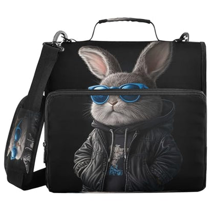 3 Ring Zipper Binder Cool Bunny Binder Organizer Portfolio with File and Shoulder Strap & Handle Large Capacity File Folder - color: Cool Bunny