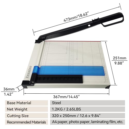 TEXALAN(R) Paper Cutter Letter Size Paper Trimmer 12” Cut Length 12 Sheet Capacity Guillotine Paper Photo Cutter with Magnet Clamp, Paper Guide, Size Guideline - color: White Metric Scale