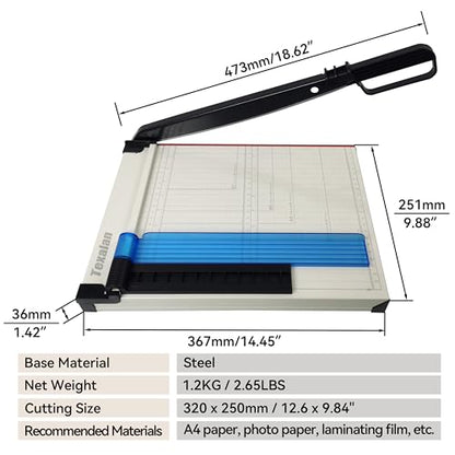 TEXALAN(R) Paper Cutter Letter Size Paper Trimmer 12” Cut Length 12 Sheet Capacity Guillotine Paper Photo Cutter with Magnet Clamp, Paper Guide, Size Guideline - color: White Metric Scale