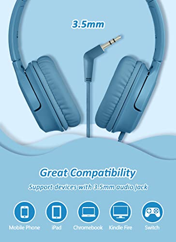 DyBaxa Kids Headphones Wired, Foldable On Ear Headset, Volume Limiter 94dB, Over-Ear Headphones for Kids School Online Classes Travel Children, 3.5mm Jack Compatible Smartphones Tablet, Dark Blue - color: Pacific Blue