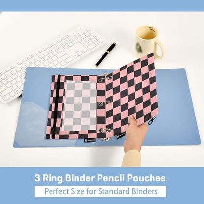 Lightpink Buffalo Plaid Binder Pouches 3 Ring for Boys Girls School Office College Supplies Black Chessboard Orchid Pink Pencil Pouches Case Bag with Clear Window and Zipper 2 Pack - color: Lightpink