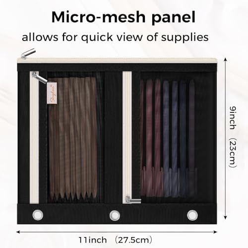 SKYDUE Pencil Pouch for Binder, Pencil Case, 3 Ring Binder Pencil Pouch with 3 Pockets and Mesh Window, Zipper Pencil Pouch, Durable Organizer for School Supplies, Cables, Earbuds, Makeup - color: Black