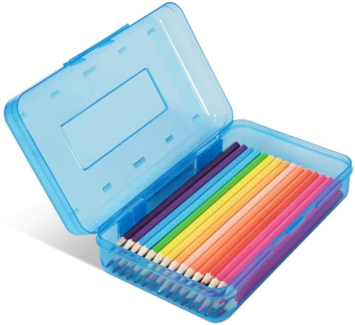 Colored Plastic Pencil Box, Large Capacity Pencil Case, Pencil Boxs | for Kids Adults, Hard Crayon Box Storage with Snap-Tight Lid for School Office Supplies (Blue) - color: Blue
