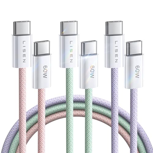 LISEN USB C Cable, 3-Pack [10/10/10FT] USBC to USBC Cable for iPhone 16e 15 Pro Max Charger Cord, 60W (3.1A) C to C Cable Fast Charging for Samsung S25/S24/23, Switch 2, iPad, MacBook - color: Multicolored, size: 10+10+10FT