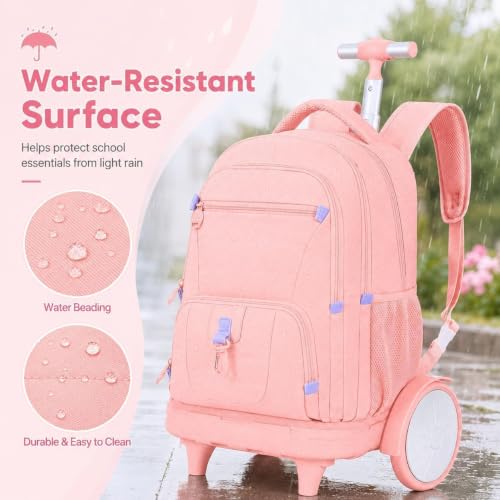 CCJPX 3Pcs Women & Girls Rolling Backpack with Bigger Wheels, Extra-Large Wheeled Bookbag with Lunch Box, Water Resistant Extra-Large Roller Luggage for Travel, Work, College (Pink) - color: Pink(upgrade Large Wheel)