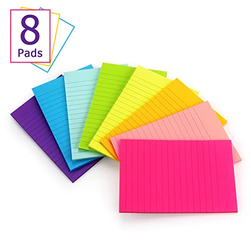 Eastern Wolf Lined Sticky Notes 4x6 in, 8 Bright Multicolors, 35 Sheets/Pad | Large Size, Premium Adhesive, Reusable & Removable - color: 4x6 8 Pads