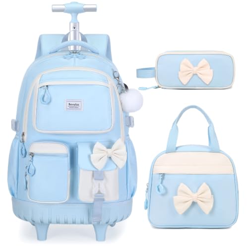 Bevalsa Rolling Backpack for Girls, Roller Backpack with Wheels, Cute Bow Wheeled School Bookbag Set with Lunch Bag & Pen Case, Suitcases for Kids Teens Elementary Middle Student (Blue Beige) - color: Blue Beige