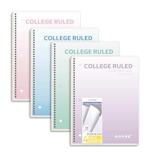 Spiral Notebooks College Ruled, 4 Pack 1 Subject Spiral Notebook, 8 x 10.5 inch, 70 Sheets Notebook College Ruled, 3-Hole Punched Paper, Spiral Notebooks for School&Home, Work, Writing Journal