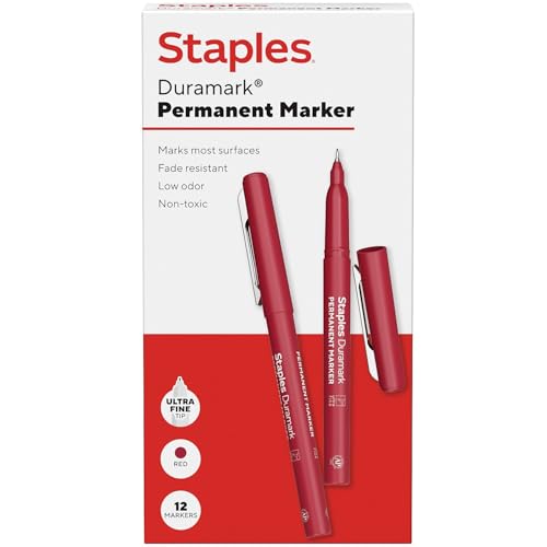 STAPLES Permanent Markers, Ultra Fine Tip, Red, 12 Pack – Duramark Precision Markers for Detailed Writing & Labeling - color: Red, size: 1 Count (Pack of 12), style: Ultra Fine