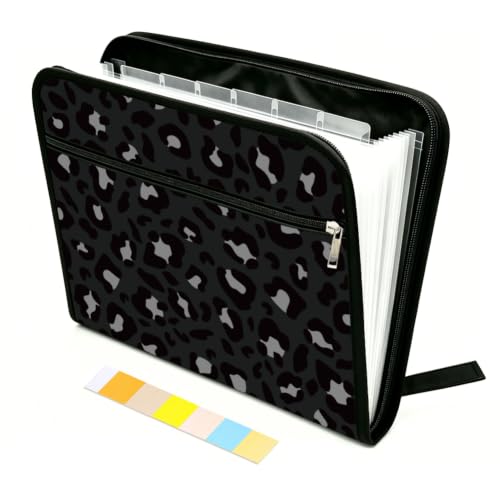 WEBEEDY Dark Leopard Print Expanding File Folder Black 13 Pockets Accordion File Organizer with Labels and Zipper, Portable Expandable Document Paperwork Organiser for A4 Paper Photo Receipt - color: Leopard Print on a Dark Background