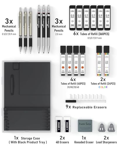 Four Candies 25PCS Mechanical Pencil Set with Case, Art Supplies with Metal Pencil 0.5, 0.7, 0.9 mm & 3PCS 2mm (HB 2H 2B 4B Color) & 432 Graphite Lead Refills, Technical Drawing Kit for Teen & Adults - style: 0.5mm+0.7mm+0.9mm+2.0mm