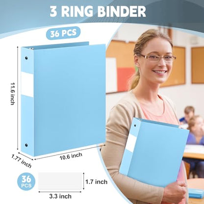 Henoyso 36 Pcs Light Blue 1.5 Inch 3 Ring Plastic Binder Bulk, 1 1/2 Inch Soft Flexible Binders Three Round Rings Fit 8.5x11 Papers for School Office Home File Organization Supplies - color: Light Blue