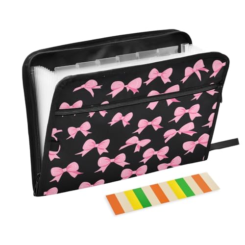 Pink Bow Black Background Pattern 13 Pocket File Organizer Expanding File Folder with Front Pouch Portable Business File Storage Document Organizer Folder with Zipper - color: Pink Bow Black Background Pattern