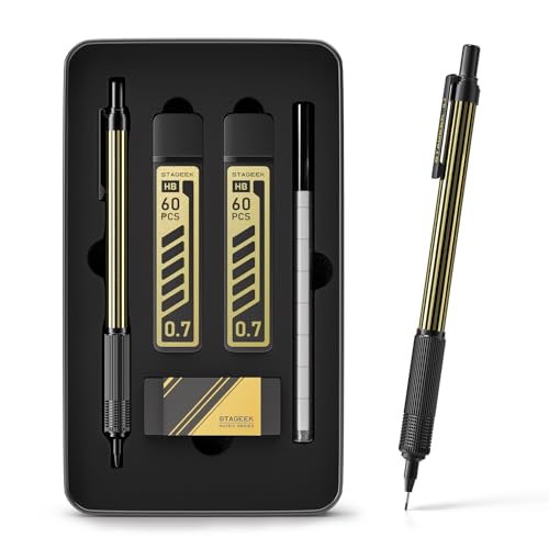 STAGEEK 0.7mm Mechanical Pencil with Metal Gift Case, 1PCS Metal Mechanical Pencil with 120Pcs HB Lead Refills,4B Erasers and 9PCS Eraser Refills, for Writing Drafting Drawing and Sketching(Gold) - color: Gold（0.7mm）