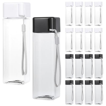 YEXEXINM 16 PCS Plastic Water Bottle Bulk 15oz Reusable Sports Water Bottle with Handle Strap, Leakproof Lightweight Portable Waterbottle for School Gym Fitness Travel (Black&White, Rectangle)