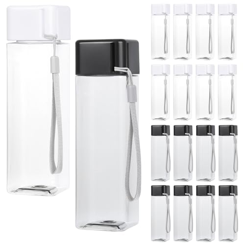 YEXEXINM 16 PCS Plastic Water Bottle Bulk 15oz Reusable Sports Water Bottle with Handle Strap, Leakproof Lightweight Portable Waterbottle for School Gym Fitness Travel (Black&White, Rectangle)