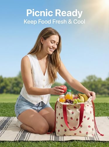 Solid Color & Fruit Print Lunch Bag, Insulated Leakproof Drawstring Pouch with 5mm Anti-Sag Base for Adult Work Commute Picnic (Strawberry Fruit Print) - color: Strawberry Fruit Print