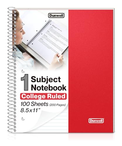 Dunwell 1 Subject Notebook College Ruled (Red), Spiral Notebook 8.5x11 for School, 100 Sheets (200 Pages), Protective Plastic Cover, 2-Pocket Divider, One Subject Note Book 8 1/2 x 11 - color: Red, style: 1 Subject