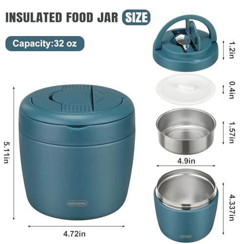 wiwens Thermo Food Jar for Hot Food Adults 32OZ Soup Thermo Lunch Containers Wide Mouth Vacuum Insulated Stainless Steel Leakproof Bento Box with Spoon (lake blue) - color: Lake Blue