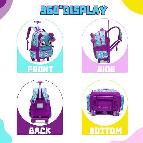 Cute Rolling Backpack for Girls Backpacks with Wheels for Elementary Students Kids 3 in 1 Travel Luggage Carry on Suitcase with Lunch Box for Girls Age 8-10 - color: Blue Purple