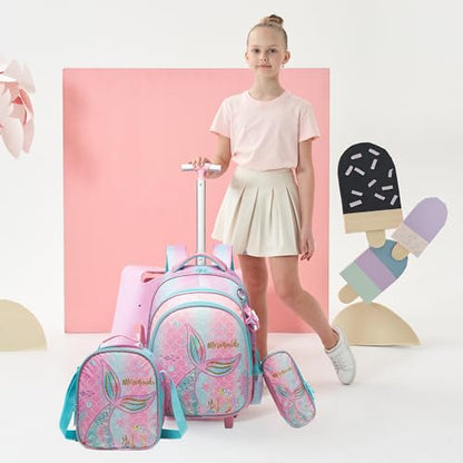 Meetbelify Girls Rolling Backpack Wheels Backpacks Kids Luggage for Elementary Preschool Students Cute Pink Mermaid Suitcase Trolley Trip Carry On Bag for Girls Ages 6-8 - color: 01 Pink Mermaid