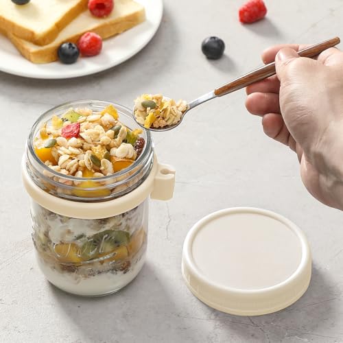 LANDNEOO 4 Pack Overnight Oats Containers with Lids and Spoons, 16 oz Glass Mason Jars with Airtight Lids, Overnight Oats Jars for Milk, Cereal, Fruit-Beige - color: Beige