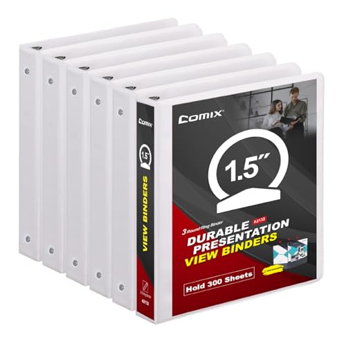 COMIX Sturdy 3 Ring Binder 1.5 inch with Clear View Cover, 1-1/2" Round Ring View Binder, PVC-Free, 2.4mm-Thick, 300 Sheets Capacity of US Letter Size Paper, Office ＆ School Supplies, 6 Pack (White) - color: White, size: 1.5 Inch, style: 6 Pack