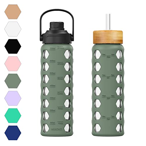 MUKOKO 24oz Glass Water Bottle, Olive | Glass Tumbler with Straw, Drinking Bottles with 2 Lids-Handle Spout Lid & Bamboo Straw Lid, Silicone Sleeve, 1 Pack - color: Olive, size: 24 Ounces