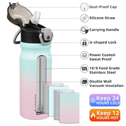 BJPKPK 18oz Insulated Water Bottle with Straw Stainless Steel Double Wall Water Bottles BPA Free Leak Proof Thermal Flask with Lockable Flip Lid and Soft Silicone Spout,Bubble Gum - color: A-Bubble Gum, size: 18 Ounces