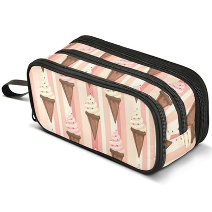 ALAZA Striped Pink Ice Cream Large Pencil Case, Pen Pouch Pencil Bag with 3 Compartments Pen Holder Organizer Stationery Bag - color: Ice Cream