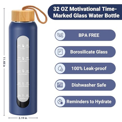 Sursip 32 oz Glass Water Bottle, Time Marker with Silicone Sleeve & Lid | 1 Liter BPA-Free Motivational Bottle, Leak-Proof Dishwasher Safe - color: Beige