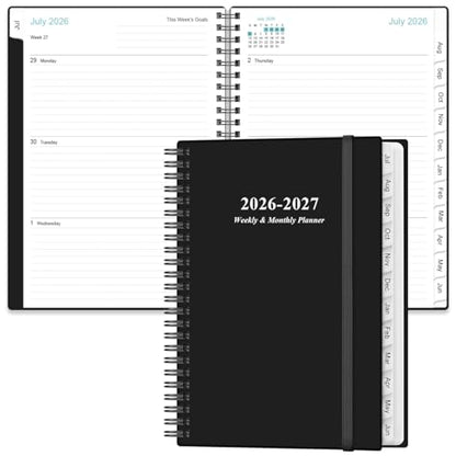 Planner 2026-2027 - A5 Weekly & Monthly Planner Spiral Bound, July 2026 - June 2027, with Flexible Cover, Tabs, Inner Pocket, 6.4" x 8.5", Black - color: Black, size: 6.4" x 8.5"