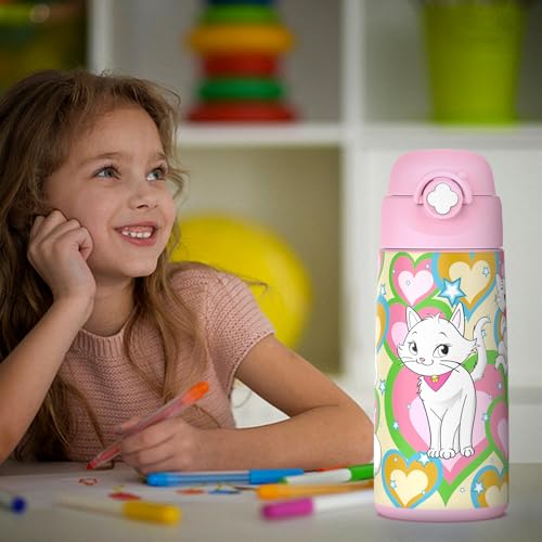 Girls Insulated Water Bottle with Covered Pop-Up Straw,16 oz Kids Cups with Stainless Steel Leak Proof for School Pink（Cat） - color: A14.Cat, style: 1Pack