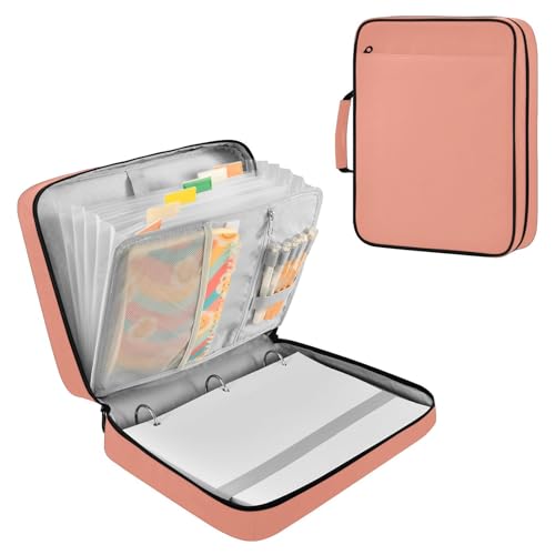 Peach Pink Zipper Binder Bag with Handle,1.25 Inch 3 Ring O-Ring 500 Sheet Capacity 6 Tab Expanding File Folder Storage Pockets Binder for School Office Organizer Supplies - color: Multicolored-14