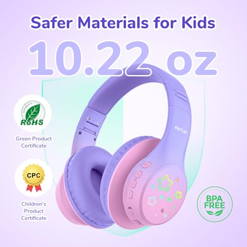 EarFun K4 Kids Bluetooth Headphones, Wireless Headphones with LED Lights | 74/85/94dBA Volume Limited, Built-in Mic, 90H Playtime, Bluetooth 5.4 Over Ear Headphone for iPad/Tablet/School, Violet - color: Gradient Violet
