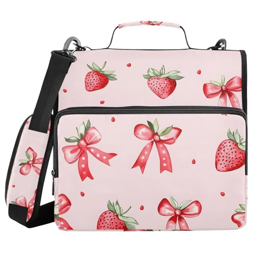 Strawberries Bows Pattern Zipper Binder 3 Ring Binder with Shoulder Strap 500 Sheet Capacity Storage Organizer File Folder - color: Multicolored-4