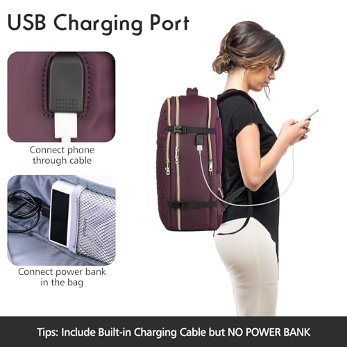 MOMUVO Large Travel Backpack Women, Flight Approved Carry On Backpack, Water Resistant Anti-Theft Large Casual Daypack Fit 17 Inch Laptop with USB Charging Port - color: Dark Purple, size: 17.3 inch
