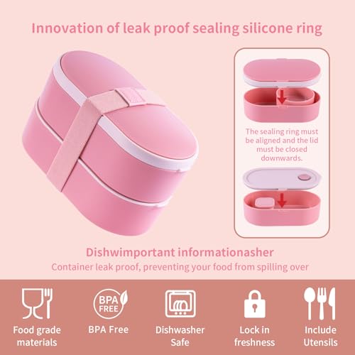 Bento Lunch Box Set -2 Stackable Adult And Women's Lunch Boxes - Including Lunch Bag, Leak Proof And Bisphenol Free A - Built-In Cutlery Set - Dishwasher Safe (Pink) - color: red