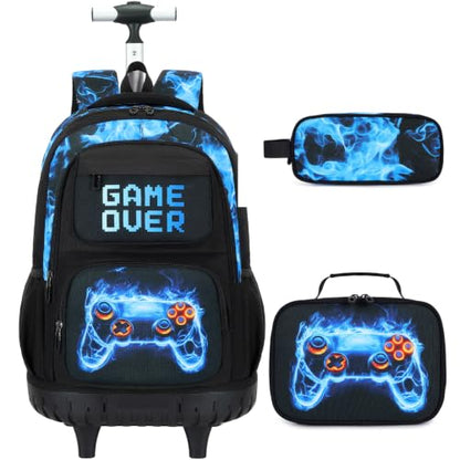 Scothen 3PCS Rolling Backpack for Boys, Cool Gamer Roller Backpack with Wheels, Kids Boy Wheeled Backpacks with Lunch Bag Pencil Case for Teens Bookbag Kindergarten Elementary Middle School - color: Blue Flame