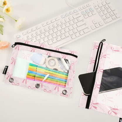 Pink Bow Pencil Pouch for 3 Ring Binder 2 Pcs Binder Pouches with Zipper Pocket Pencil Case Bag with Clear Window for Office Work School Supplies - color: Pink Bow