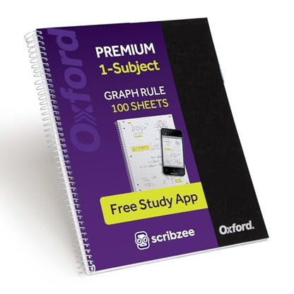Oxford Spiral Notebook with Free Study App, 1 Subject, Graph Ruled, Ultra Smooth Paper, No Ink Bleed-Through, Strong Poly Black Cover, Durable 2 Sided Pocket, 100 Easy Perforated 8.5" x 11" Sheets - color: Black