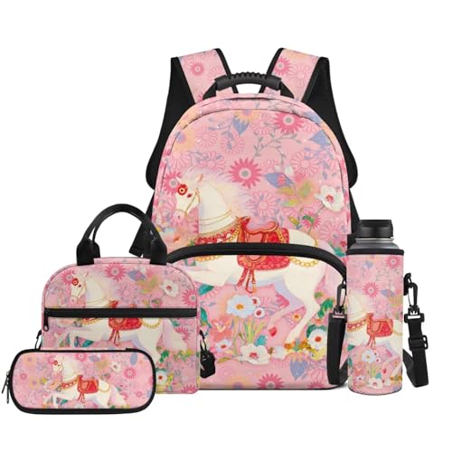 Floral Horse 4-Piece Kids Backpack Set, School Backpack with Lunch Bag, Pencil Case and Water Bottle Holder, for Elementary School 2nd to 6th Grade Girls Daily Activities - color: Floral Horse Print
