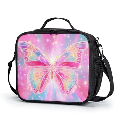 Butterfly Lunch Box for Girls Pink Purple Galaxy Shining Stars Lunch Bag with Shoulder Strap for Kids Teens Durable Large Capacity Insulated Lunchbox Thermal Meal Bag for School Travel - color: A-Butterfly