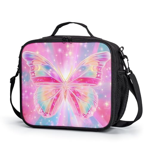 Butterfly Lunch Box for Girls Pink Purple Galaxy Shining Stars Lunch Bag with Shoulder Strap for Kids Teens Durable Large Capacity Insulated Lunchbox Thermal Meal Bag for School Travel - color: A-Butterfly