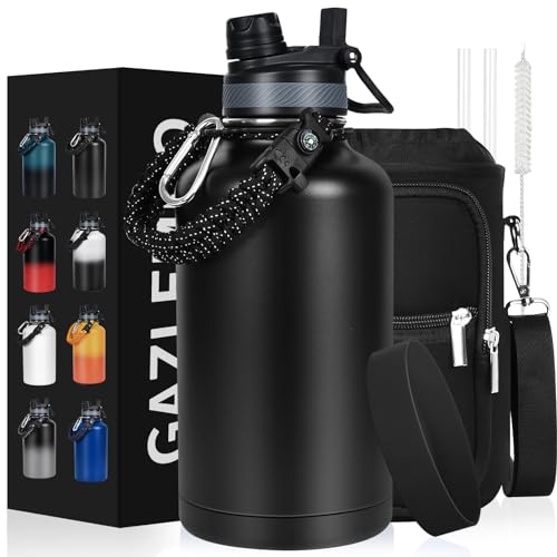 GAZLEMHO Insulated Water Bottle 64 oz, Half Gallon Water Jug Cold 48H, BPA Free Stainless Steel Bottles with Straw/Chug 2-in-1 Lid, Bag, Paracord Handle, Silicone Boot, Sports Gym School Metal Flask - color: Black, size: 64 Ounces
