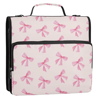 Cute Pink Bow Zipper Binder with Shoulder Strap, 500 Sheets Capacity, Multiple Pockets 1.5Inch 3 Ring Zipper Binder - color: Pink Bow