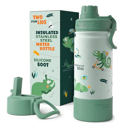 Bentoheaven Kids Water Bottle Stainless Steel for Boys & Girls, Green | Reusable 17 oz insulated metal tumbler with 2 lids (chug and straw), leakproof design, silicone boot for school and sports. - color: Green