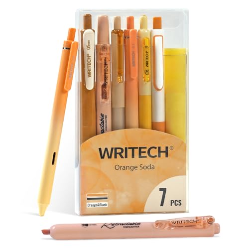 WRITECH Gel Pens Journaling Highlighters: Journal Set Aesthetic Assorted Pastel Color Ink 0.5mm Fine Point Retractable 0.7mm Black Pen Smooth Writing Drawing No Bleed 7ct (Orange) - color: Orange