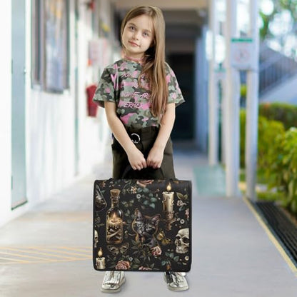 3 Ring Zipper Binder with Shoulder Strap Black Skulls Cats Gothic Style Binder Bag - color: Multicolored 01